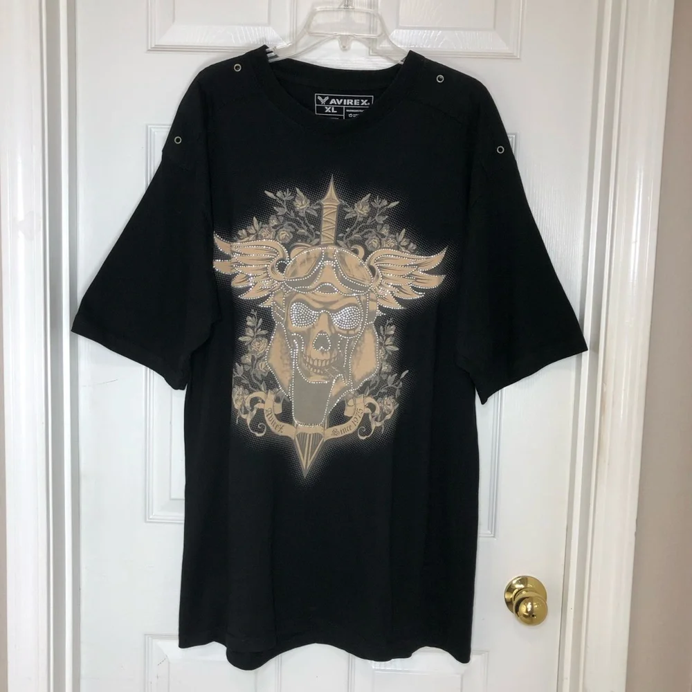 Avirex Cotton Black Tan Studded Skull Winged Shoulder Rivet Oversized T-shirt XL - Picture 2 of 10
